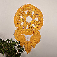 Cotton macrame wall hanging, 'Marigold Fall' - Handmade Autumn-Themed Marigold Cotton Macrame Wall Hanging