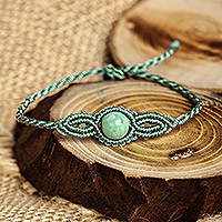 Jade macrame pendant bracelet, 'Goddess of Vitality' - Handmade Turquoise Cotton and Jade Macrame Pendant Bracelet