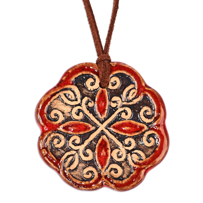 Ceramic pendant necklace, 'Majestic Red' - Floral Handcrafted Red and Black Ceramic Pendant Necklace