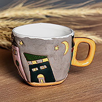 Ceramic mug, 'Dreamy Urbanism' - Cityscape-Themed Whimsical Pink and Grey Ceramic Mug