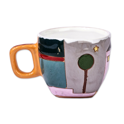 Ceramic mug, 'Dreamy Urbanism' - Cityscape-Themed Whimsical Pink and Grey Ceramic Mug