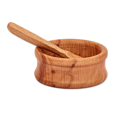 Juego de cuenco y cuchara de madera (2 piezas) - Juego de cuenco y cuchara de madera de haya marrón tallada a mano (2 piezas)
