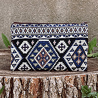 Bolsa cosmética de algodón, 'True Armenia' - Bolsa cosmética clásica de algodón azul con estampado geométrico