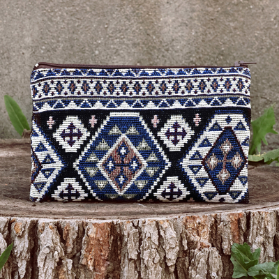 Cotton cosmetic bag, 'True Armenia' - Classic Geometric-Patterned Blue Cotton Cosmetic Bag