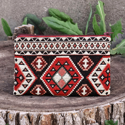 Cotton cosmetic bag, 'Fiery Armenia' - Classic Geometric-Patterned Red Cotton Cosmetic Bag