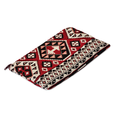 Cotton cosmetic bag, 'Fiery Armenia' - Classic Geometric-Patterned Red Cotton Cosmetic Bag