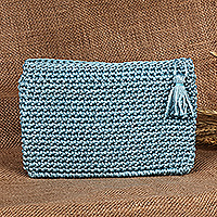 Crocheted cosmetic bag, 'Makeup Essentials' - Cerulean Handcrafted Crocheted Cosmetic Bag with Tassel