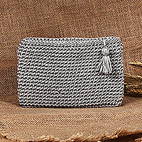 Crocheted cosmetic bag, 'Beauty Essentials' - Grey Crocheted Cosmetic Bag with Tassel Handmade in Armenia