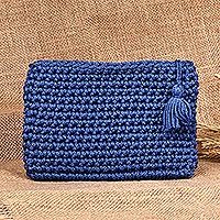 Crocheted cosmetic bag, 'Glam Essentials' - Crocheted Cosmetic Bag in Blue with Tassel from Armenia