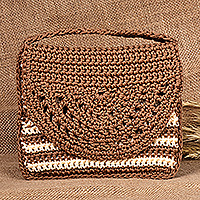 Crocheted handle bag, 'Trendy Elegance' - Crocheted Striped Clutch and Handle Bag in Brown and Ivory