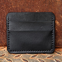 Leather card holder, 'Frugal Obsidian' - Handmade 100% Leather Card Holder in an Obsidian Black Hue