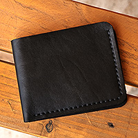 Leather wallet, 'Obsidian Times' - Minimalist 100% Leather Wallet in an Obsidian Black Hue