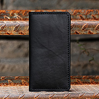 Leather card holder, 'Refined Organization' - Blue Leather Card Holder with 12 Slots and Bill Compartments