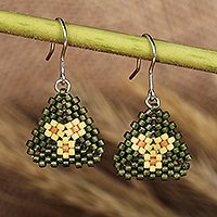 Glass beaded dangle earrings, 'Primaveral Bloom' - Floral-Themed Green and Yellow Glass Beaded Dangle Earrings