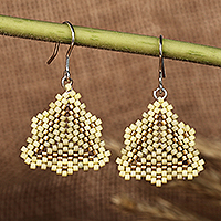 Glass beaded dangle earrings, 'Palatial Pyramids' - Pyramid-Themed Golden and Beige Glass Beaded Dangle Earrings