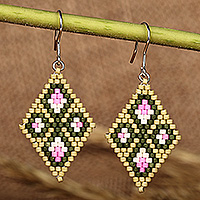 Glass beaded dangle earrings, 'Regal Spring' - Classic Floral Diamond-Shaped Glass Beaded Dangle Earrings