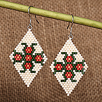 Glass beaded dangle earrings, 'Queen Petals' - Floral Glass Beaded Dangle Earrings in Ivory and Red Hues