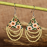 Glass beaded dangle earrings, 'Spring Nimbus' - Handcrafted Floral-Patterned Glass Beaded Dangle Earrings