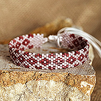 Glass beaded wristband bracelet, 'Romantic Bouquet' - Artisan Handmade Floral Red Glass Beaded Wristband Bracelet