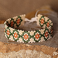 Glass beaded wristband bracelet, 'Spring Luck' - Traditional Floral Green Glass Beaded Wristband Bracelet