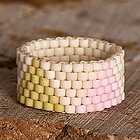 Glass beaded band ring, 'Pastel Pyramids' - Geometric-Patterned Glass Beaded Band Ring in Pastel Hues