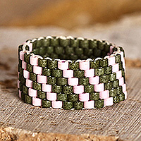 Glass beaded band ring, 'Dulcet Stripes' - Striped Pink and Green Glass Beaded Band Ring from Armenia