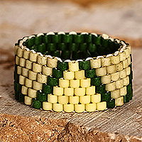 Glass beaded band ring, 'Magnificent Yellow' - Handmade Pyramid-Themed Yellow and Green Glass Beaded Ring