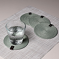 Cotton coasters, 'Mint Zigzag' (set of 4) - Set of 4 Cotton Rope Coasters in Mint with Leather Accents