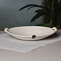 Cotton catchall, 'Chic Essentials' - Cotton Rope Catchall with Wooden Beads and Leather Accent