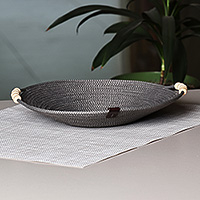 Cotton catchall, 'Trendy Essentials' - Grey Cotton Rope Catchall with Wood Beads and Leather Accent