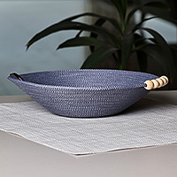 Cotton decorative bowl, 'Glam Essentials' - Blue Cotton Rope Bowl with Wood Beads and Leather Accent