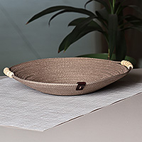 Cotton decorative bowl, 'Precious Essentials' - Cotton Rope Wooden Beads Leather Accented Bowl in Brown