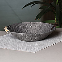 Cotton decorative bowl, 'Delightful Essentials' - Cotton Rope Wood Beads Leather Accented Bowl in Grey Hue