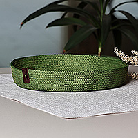 Cotton decorative tray bowl, 'Stylish Organizer' - Handcrafted Green Cotton Rope Tray with Leather Accent