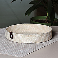 Cotton tray bowl, 'Exquisite Organizer' - Handcrafted Ivory Cotton Rope Catchall with Leather Accent