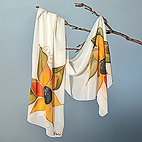 Silk scarf, 'Radiant Sunflower' - Soft Ivory Silk Scarf with Hand-Painted Sunflower Details