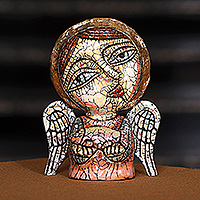 Ceramic sculpture, 'Angel of Prosperity' - Antiqued Crackled Angel and Fish-Themed Ceramic Sculpture