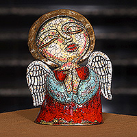 Ceramic sculpture, 'Devoted Guardian' - Artisan-Handmade Crackled Ceramic Sculpture of Praying Angel