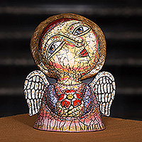 Ceramic sculpture, 'Harmonious Guardian' - Fair Trade Crackled Ceramic Sculpture of Angel and Flower