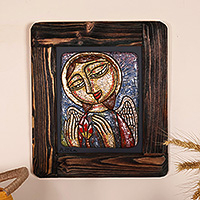 Ceramic wall art, 'Angelic Bloom' - Folk Art Angel and Flower Ceramic Wall Art with Wood Frame