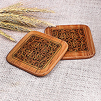 Wood coasters, 'Luscious Vines' (pair) - Vine-Themed Pair of Square Beechwood Coasters from Armenia