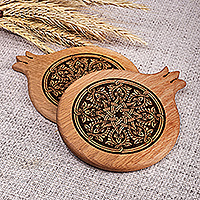 Wood coasters, 'Pomegranate Elixir' (pair) - Pair of Pomegranate-Shaped Beechwood Coasters