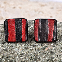 Leather button earrings, 'Square Crimson' - Minimalist Striped Black and Crimson Leather Button Earrings