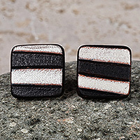 Leather button earrings, 'Square Silver' - Avant-Garde Striped Black and Silver Leather Button Earrings