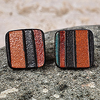 Leather button earrings, 'Square Warmth' - Modern Square Striped Multicolor Leather Button Earrings