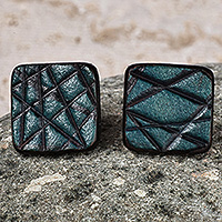 Leather button earrings, 'Teal Boldness' - Handcrafted Modern Leather Button Earrings in Teal and Black