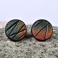 Leather button earrings, 'Audacious Circle' - Modern Round Leather Button Earrings in Brown and Teal Hues