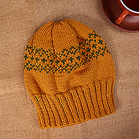 Knit hat, 'Marigold Winter' - Armenian-Made Marigold and Green Acrylic and Wool Knit Hat