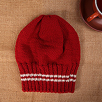 Knit hat, 'Cozy Red' - Artisan-Made Striped Red Acrylic and Wool Blend Knit Hat