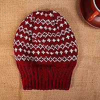 Knit hat, 'Bold Snowflakes' - Snowflake-Patterned Burgundy Acrylic and Wool Blend Knit Hat